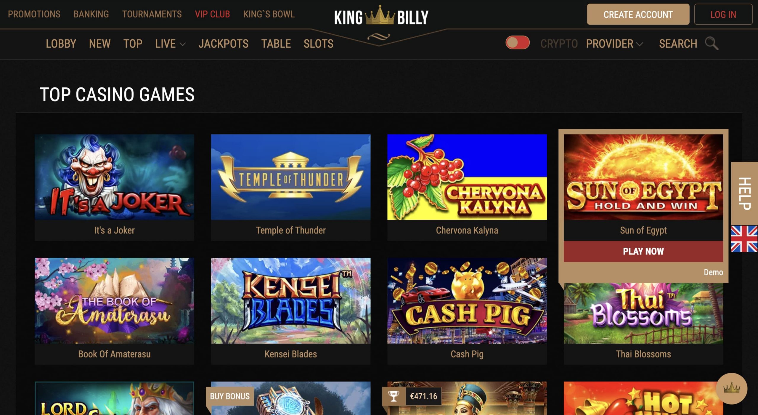 King Billy Casino Homepage