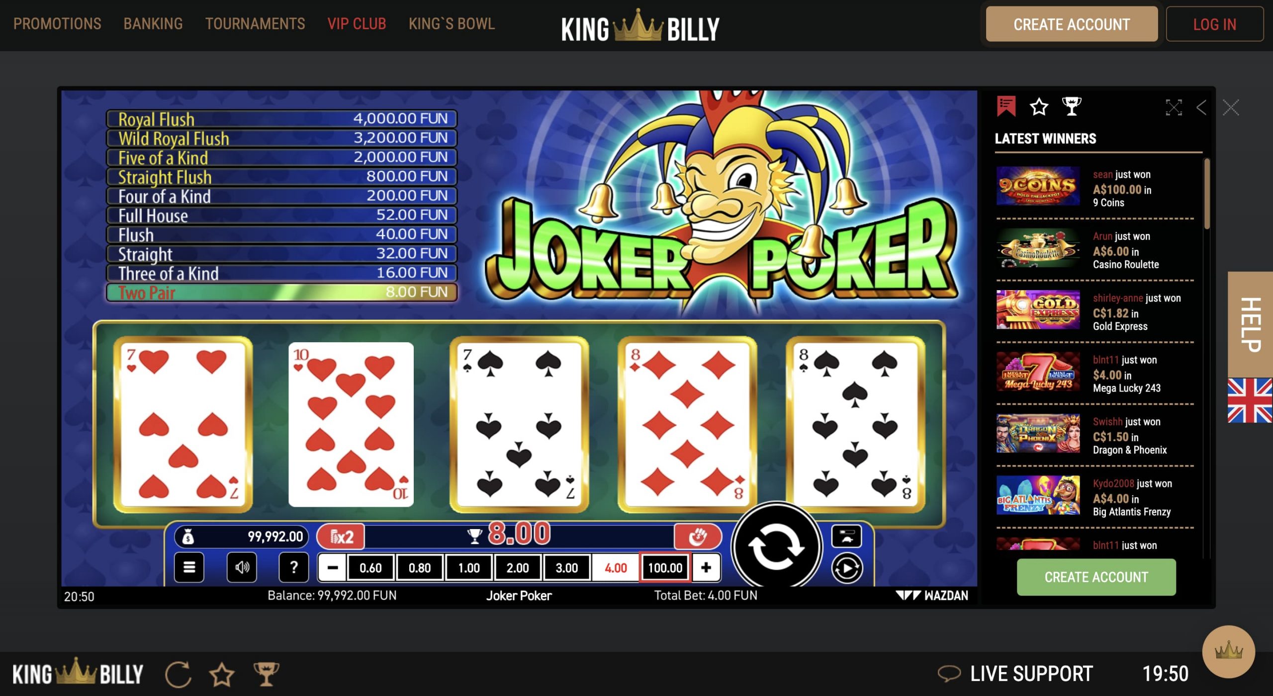 King Billy Casino Video Poker