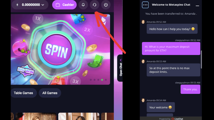 Metaspins Live Chat